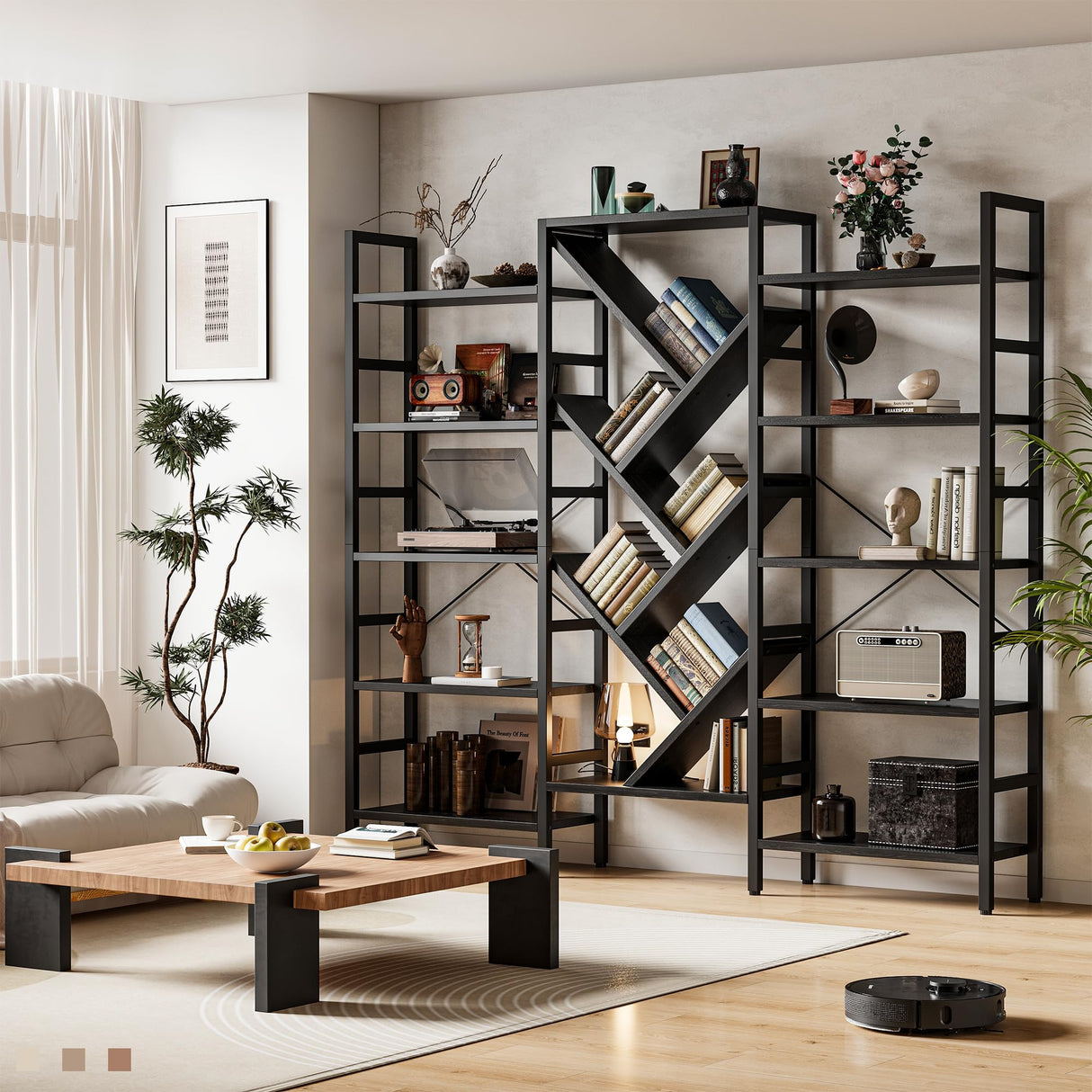 INNOD 70x70” Triple 5 Tier Book Shelf, Large Wooden Bookcase with 17 Open Display Shelf, Modern Tree Bookshelf Metal Frame Tall Book Case Furniture for Living Room Bedroom Home Office Black INNOD