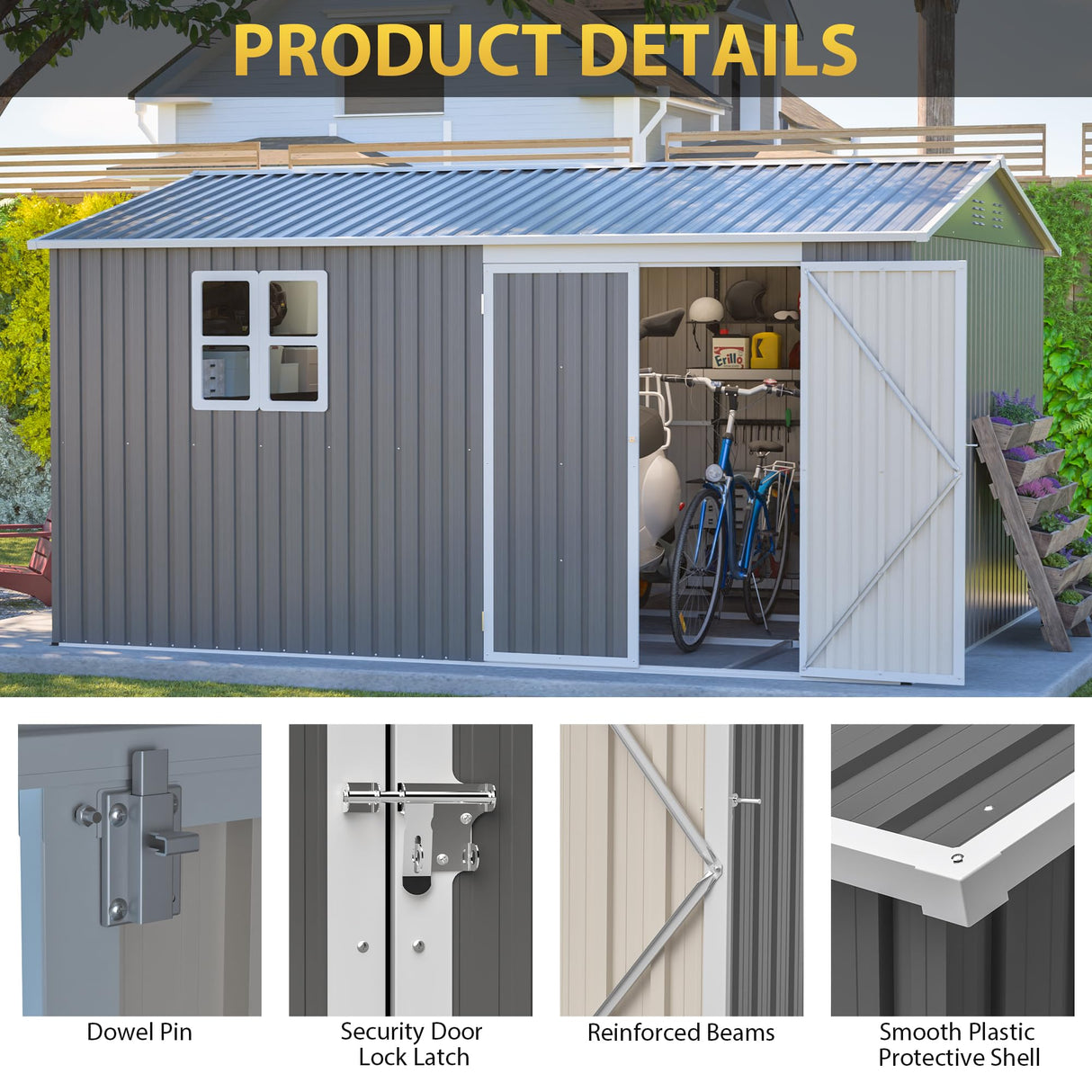 12x10 FT Outdoor Storage Shed with Floor Frame & Window, Heavy Duty Metal Garden Tool Shed with Double Lockable Doors, Waterproof Backyard Utility Shed for Bikes, Lawn Mowers, Tools, Equipment Mulinsonfly