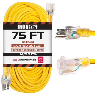 Iron Forge Cable Lighted Outdoor Extension Cord 75 ft - 14 Gauge 13 Amp Heavy Duty Power Extension Cords - SJTW - Great for Major Appliances, Power Tools, Garden Supplies - Yellow