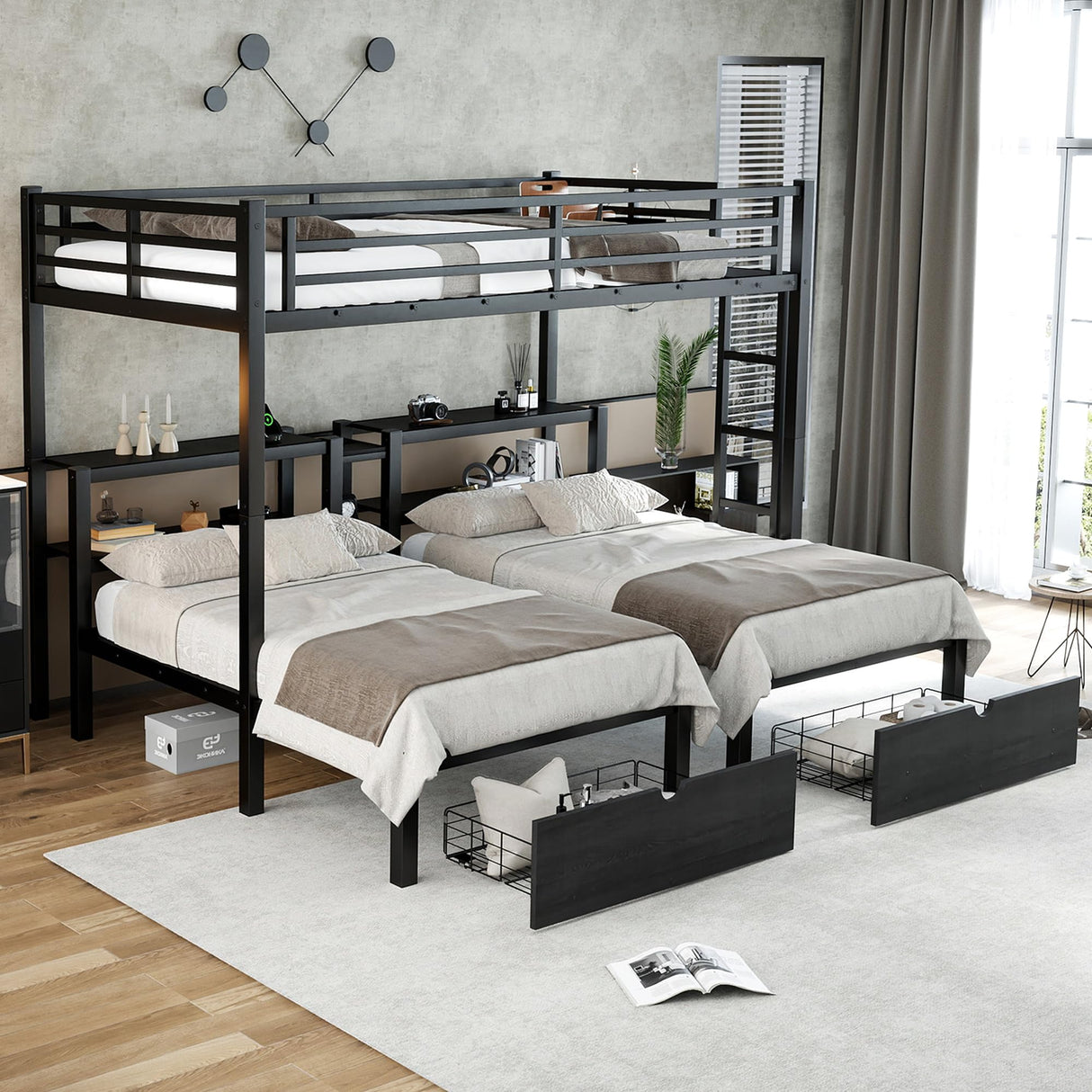 RuiSiSi Metal Triple Bunk Bed with Storage Drawers, Full XL Over Twin & Twin Bunk Beds, Multi-Functional Bunk Bed with Shelving & USB, Black RuiSiSi