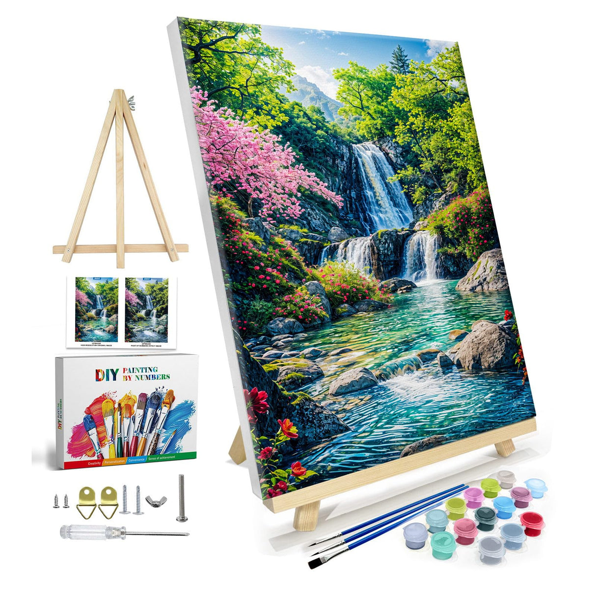 JOOZ Paint by Numbers Kit for Adults with Frame, Landscape Paint by Number with Easel, Mountain Waterfall Paint by Number Canvas, DIY Landscape Oil Painting Kit for Home Wall Decor 8x12 Inch JOOZ