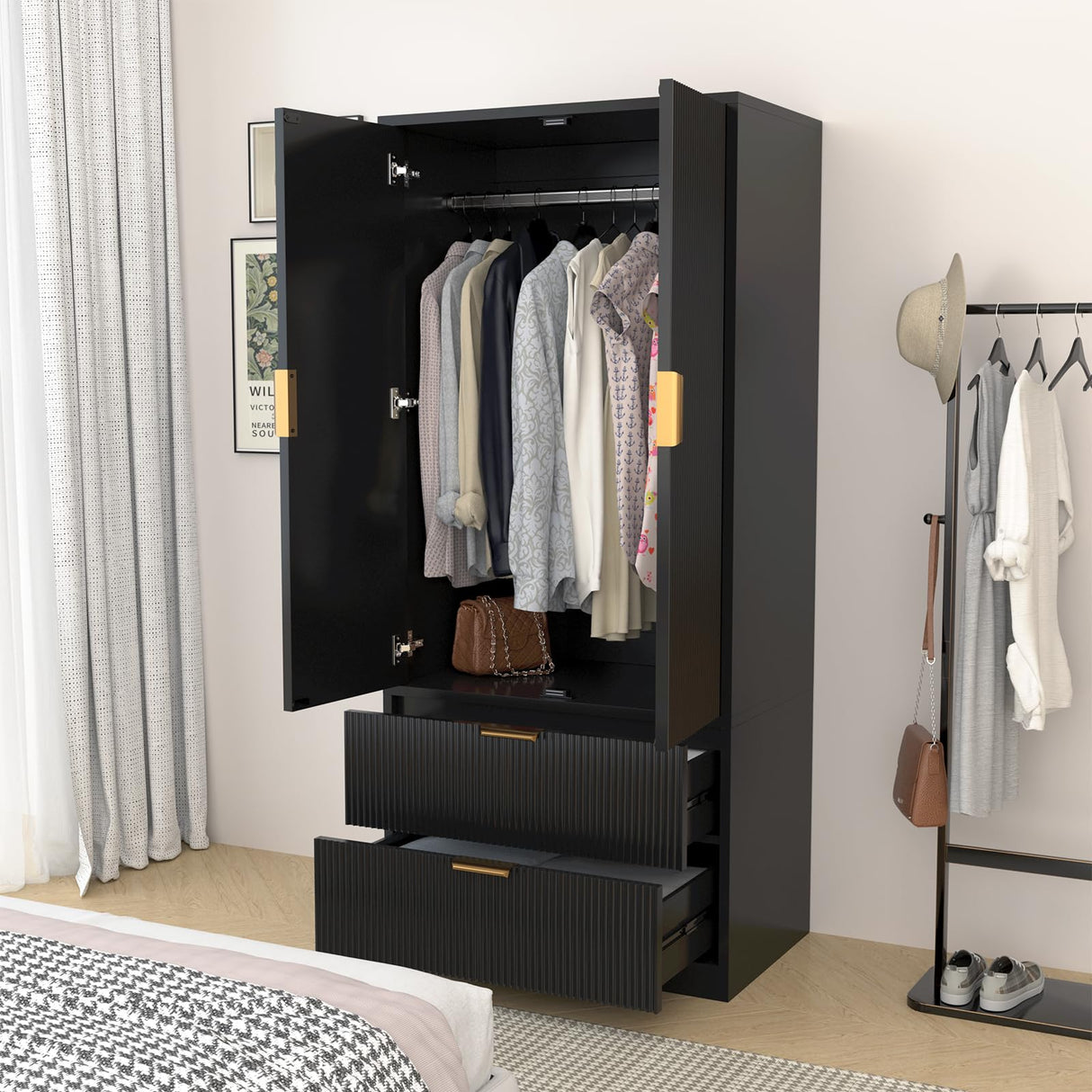 PPorfamilia 70" Wardrobe Closet with 2 Doors and 2 Drawers, Clothing Storage Cabinets with Hanging Rod, Modern Wooden Armoire Wardrobe Closet with Gold Handles for Bedroom Armoires Laundry PPorfamilia