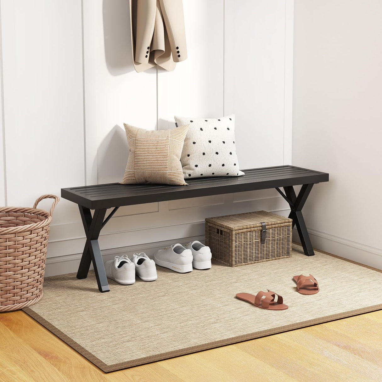 Giantex Outdoor Bench, Patio Metal Bench with Slatted Seat, X-Shaped Legs, 54" Outdoor Backless Loveseat, Load 800 LBS, Heavy-Duty 2-Person Park Bench for Lawn, Yard, Porch, Garden Bench, Black Giantex