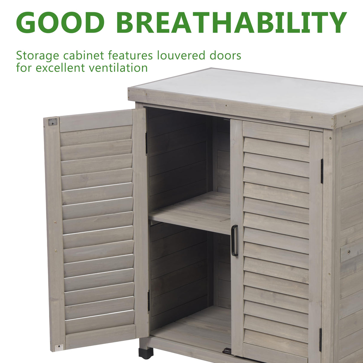 Outdoor Storage Cabinet & Potting Bench Table with Metal Top, Wooden Patio Furniture, Garden Workstation (Accent Grey, 36x31x17in) SoliWood