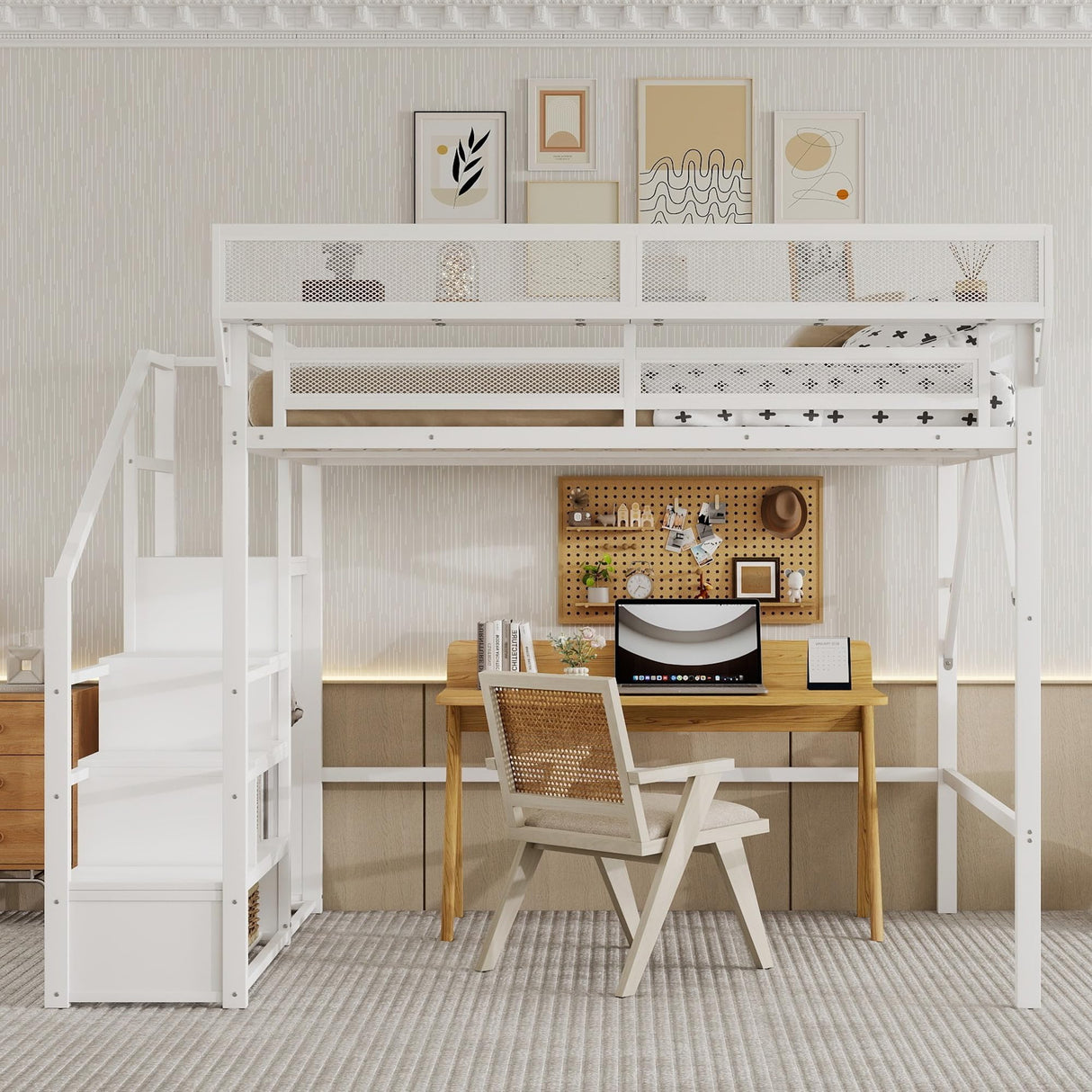 Duxelifin Queen Size Loft Bed with Staircase, Metal Loft Beds with Storage Shelves & Wardrobe, High Lofted Bed Frame, Loft Tall Bed for Boys Girls and Teens, No Box Spring Needed (White) Duxelifin