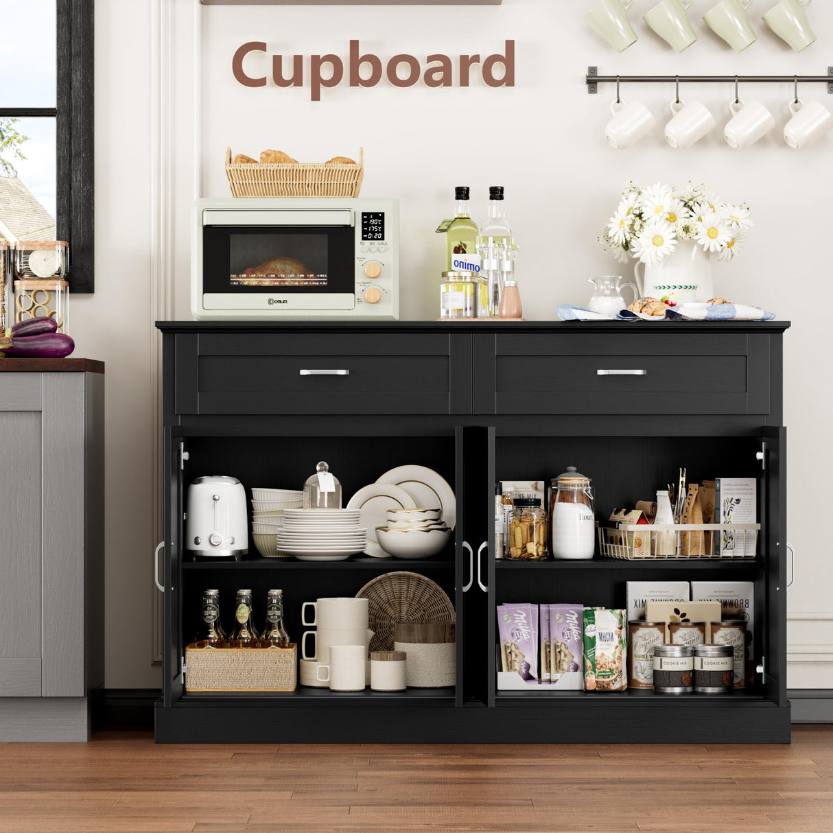 FACBOTALL Sideboard Buffet Cabinet with Storage, 55.1" Large Kitchen Storage Cabinet with 2 Drawers and 4 Doors, Farmhouse Coffee Bar for Kitchen Dining Room, Black FACBOTALL