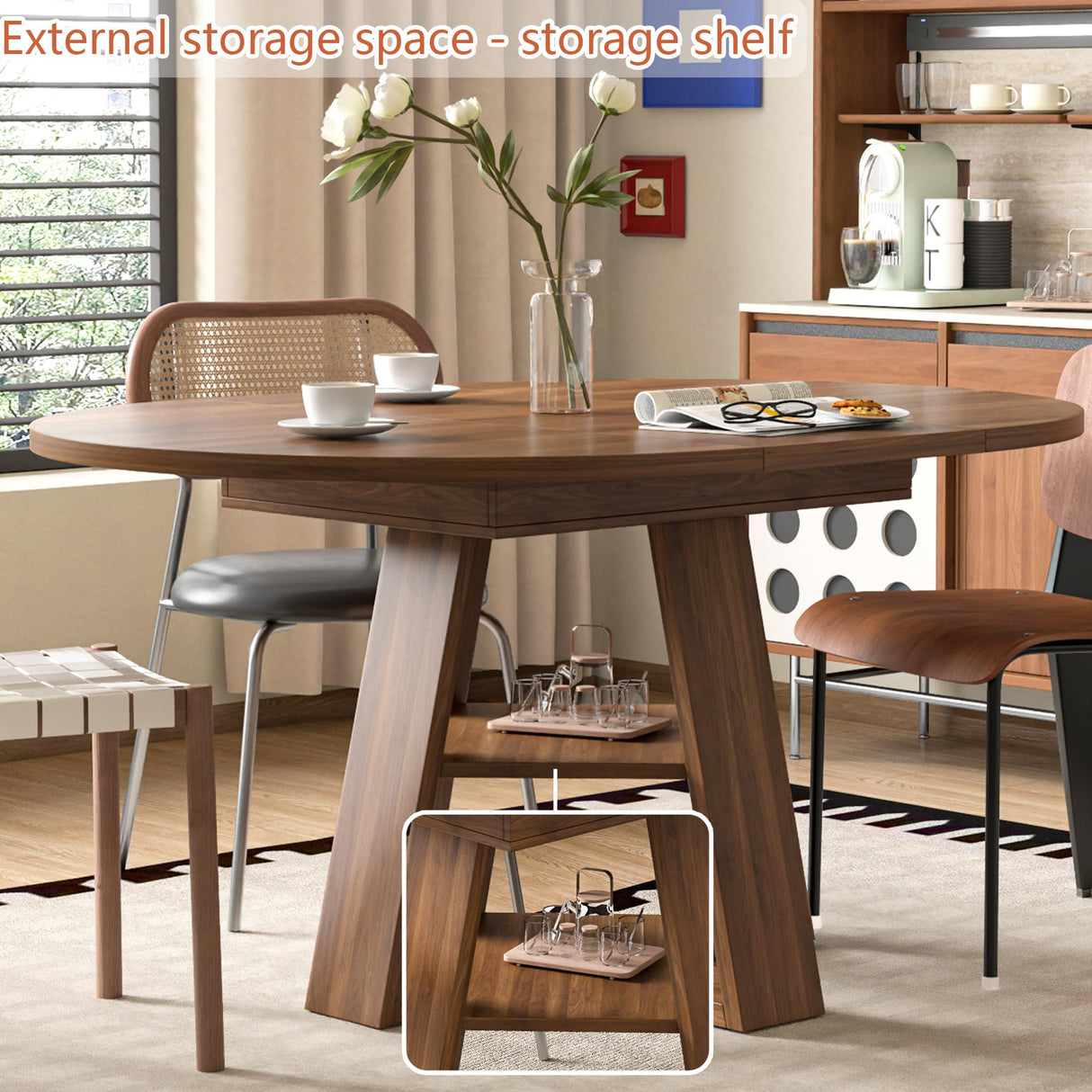 43.3in-59in Extendable Round Dining Table for 4-8,Modern Kitchen Oval Dining Table with Removable Leaves Space Saving,Wood Base with Storage Shelf for Kitchen Living Room (Walnut) Mxtxmy