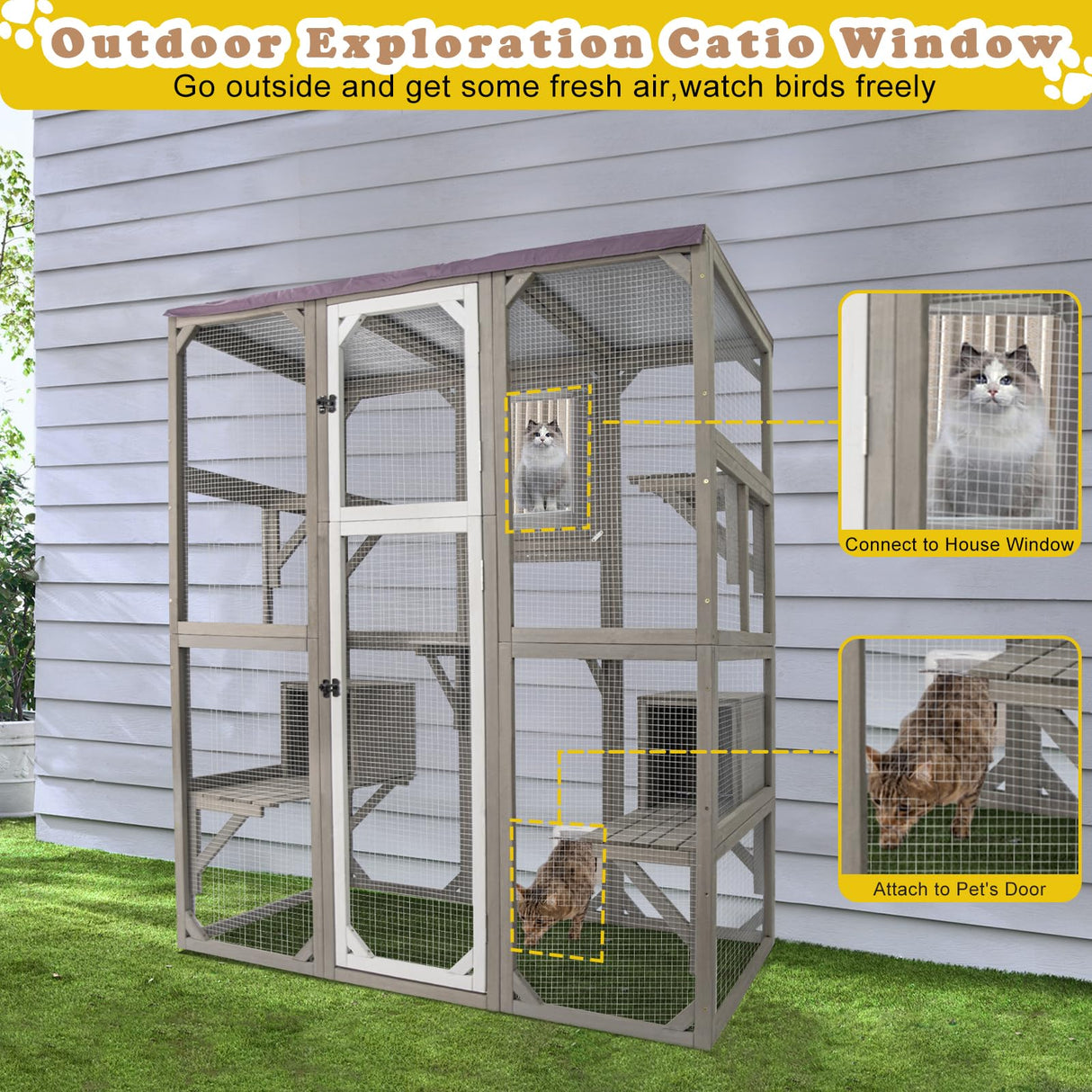 PetsCosset 67.7" Catio Outdoor Cat Enclosures,Large Cat Catio for Indoor, Catio Attach to Cat Window,Wooden Outside Cat Patio with Resting Room,Removable Sun Protection and Waterproof Roof PetsCosset