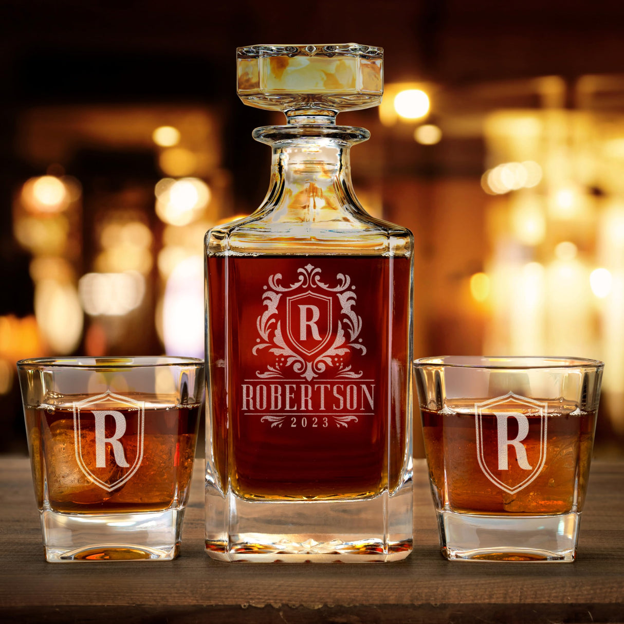 Personalized Whiskey Decanter Set - 5 Design Options - Custom Liquor 25 oz, 750ml Liquor Decanter w/Whiskey Glass Set Options, Birthday & Retirement Gifts for Men Lara Laser Works