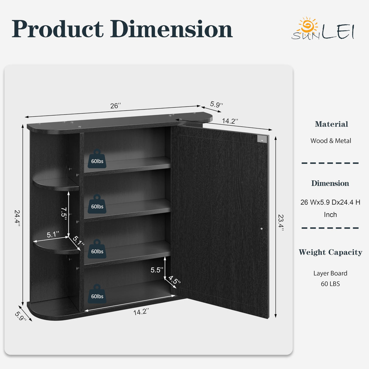 SUNLEI Bathroom Medicine Cabinet with Mirror, Wood Medicine Cabinet with Adjustable Shelf, Mirrored Door Over The Toilet Storage, Bathroom Wall Mirror Cabinet, Black SUNLEI