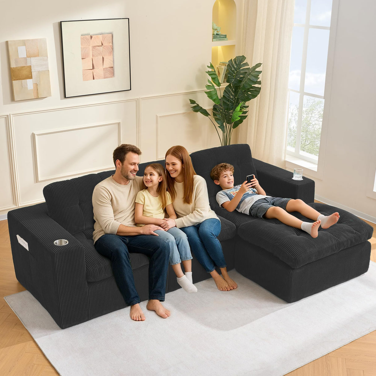 Hretanant Black L Shaped Modular Cloud Sectional Sofa, Comfy 3 Seater Sectional Couches for Living Room with Cup Holders, Modern L Shape Sofa Set for Living Room Bedroom, Black Hretanant