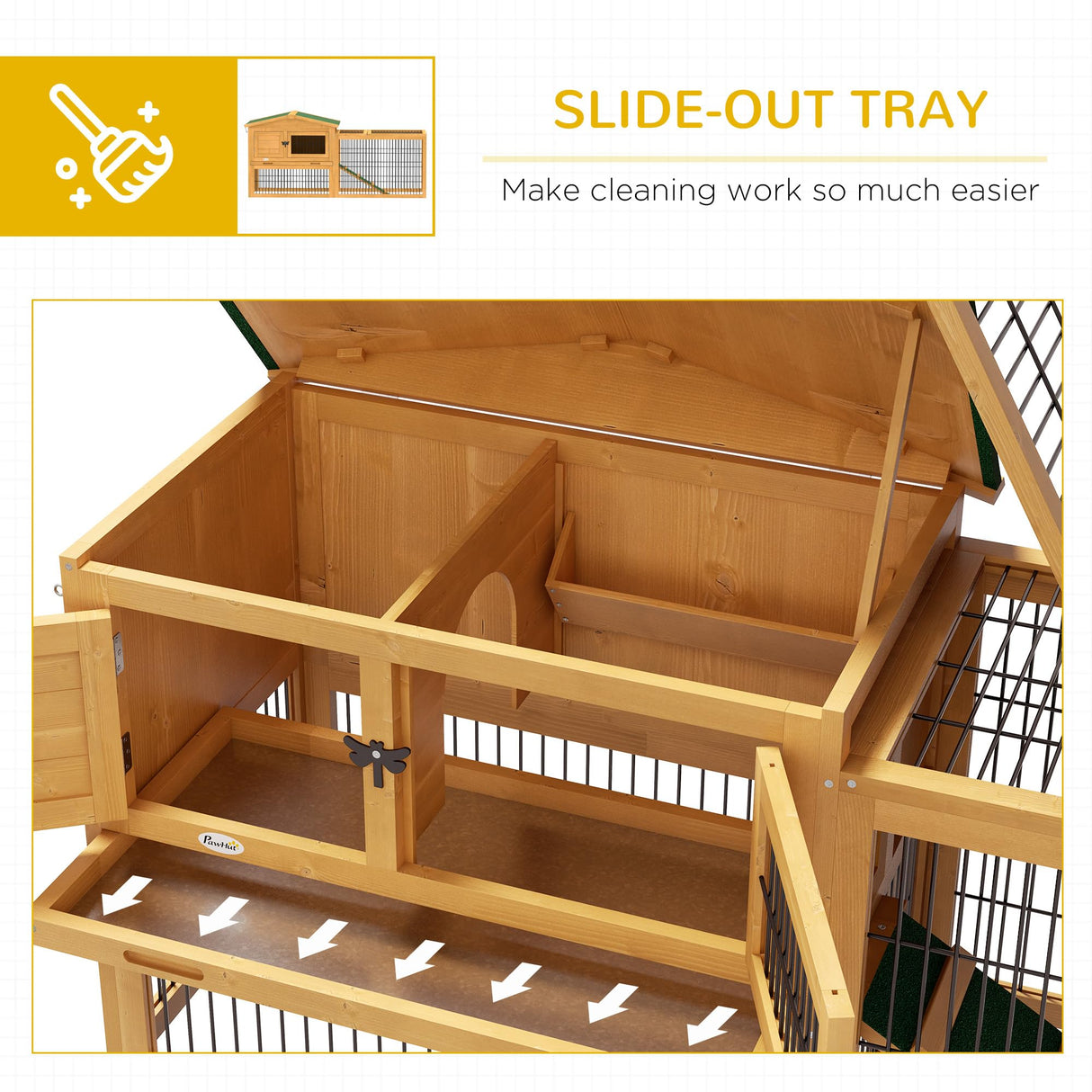 PawHut Rabbit Hutch, 2 Story Outdoor Bunny Cage with Slide-Out Tray, Run Cage, Openable Top for Rabbits, Guinea Pig, Yellow PawHut
