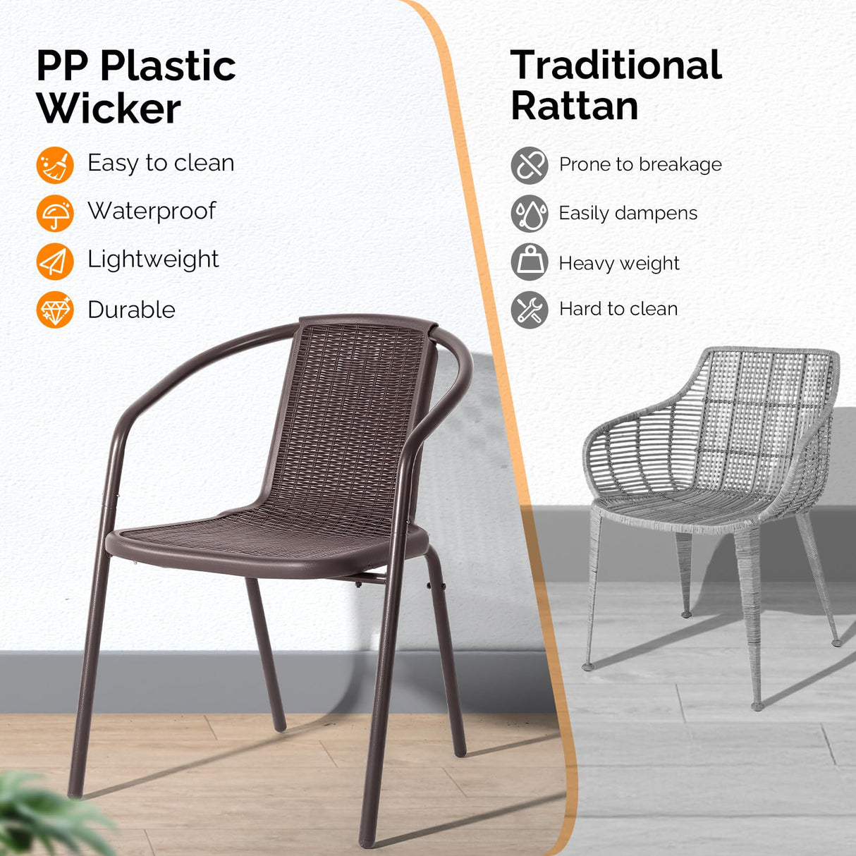 VINGLI Stackable Outdoor Chair Set of 4, Rattan Plastic Chair, Woven Rattan Cushion, Suitable for Backyard, Patio, Brown VINGLI