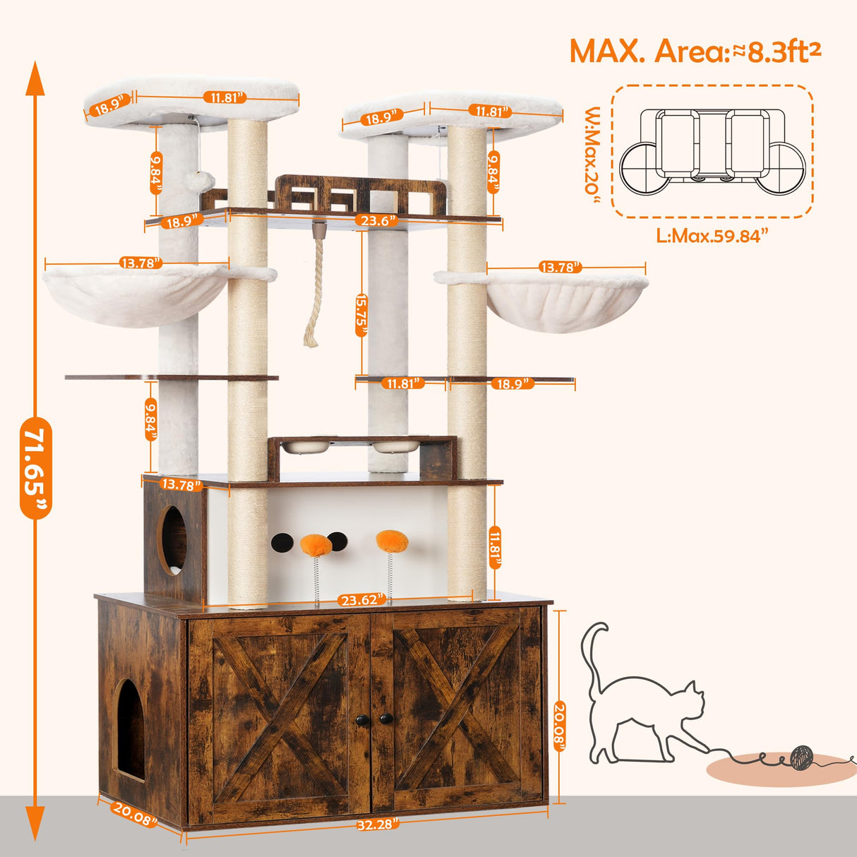 Heybly Cat Tree for Maine Coon with Litter Box Enclosure, 72-inch Wooden Cat Tower for Indoor Cats Large Adult, Big Condo with Food Station, Baskets, Furniture with All-sisal Scratching Post HCT112SR Heybly