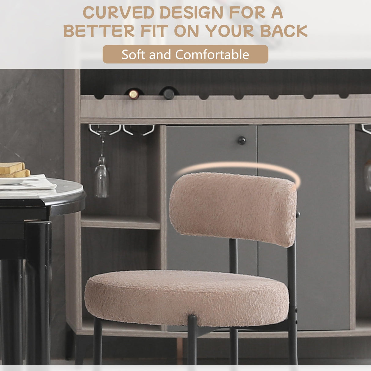 AISALL Dining Chairs Set of 2 Round Upholstered Boucle Dining Room Chairs Mid-Century Modern Kitchen Chairs Curved Backrest Chairs for Dining Room Black Metal Legs, Light Brown AISALL