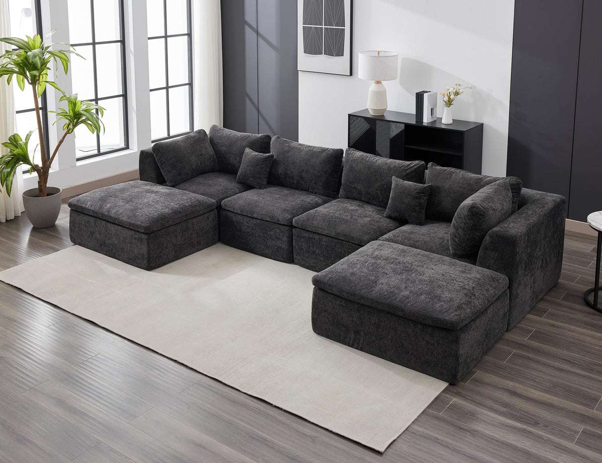 140" Cloud Sectional Couches for Living Room, Convertible U-Shape Boneless Couch with Ottoman, 4 Seater Modular Sectional Sofa, Off-Black Amenitlif