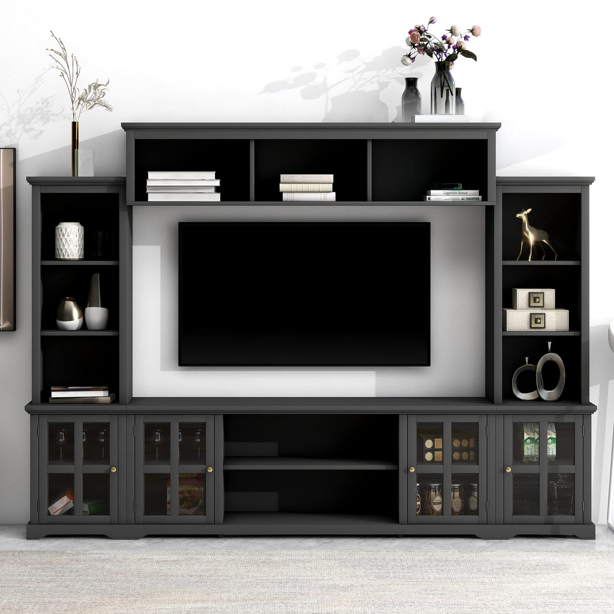 LUMISOL Entertainment Wall Unit with Bridge and Wine Cabinet, Multifunctional TV Stand with Storage Shelves for TVs Up to 70”, Entertainment Center with Tempered Glass Door for Living Room, Black LUMISOL