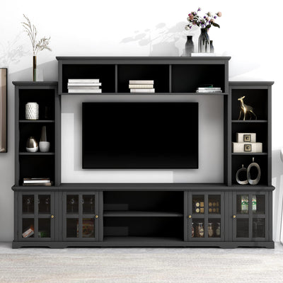 LUMISOL Entertainment Wall Unit with Bridge and Wine Cabinet, Multifunctional TV Stand with Storage Shelves for TVs Up to 70”, Entertainment Center with Tempered Glass Door for Living Room, Black