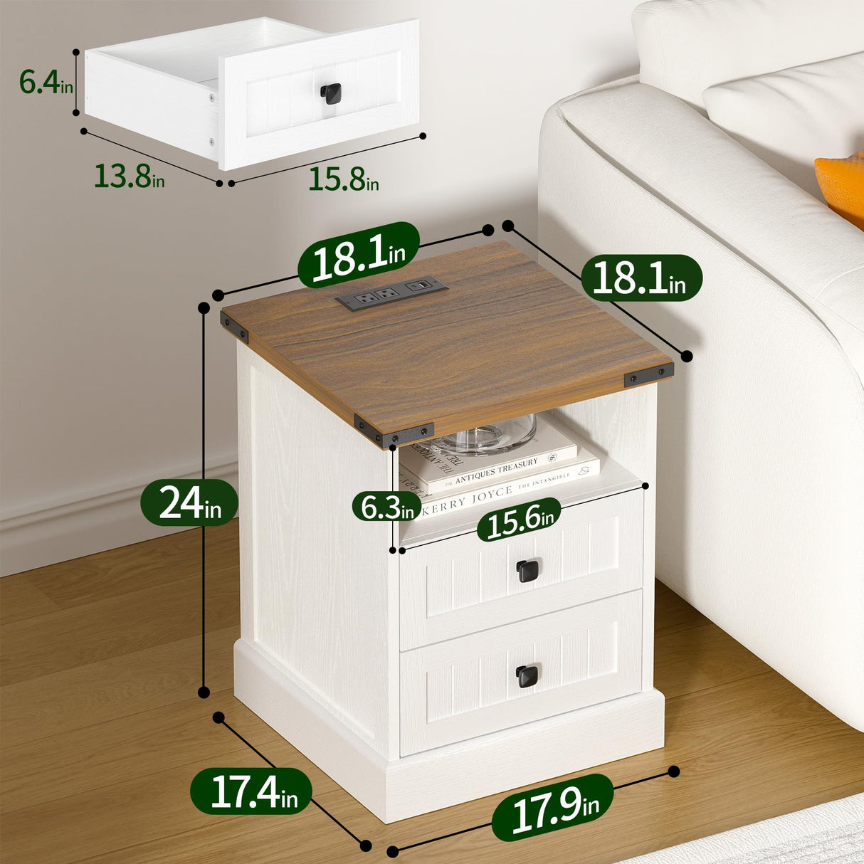 AntsandAnts White Farmhouse Nightstand Set of 2,Wood End Tables Bedroom with Charging Station,Metal Corner Night Stand with 2 Drawers for Living Room,Bedside Table Furniture AntsandAnts