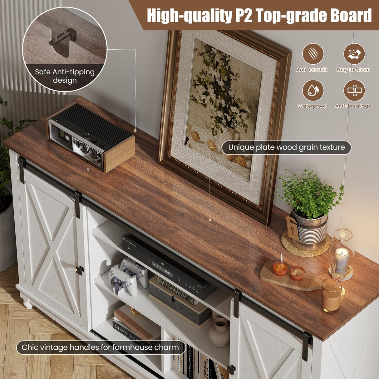 Farmhouse TV Stand for 65 75 Inch TV, 32" Tall Entertainment Center with Storage Cabinets and Barn Door, White Console Table with 3 Open storage shelve, Wood TV Console Table for Living Room, Bedroom ALLSTAND