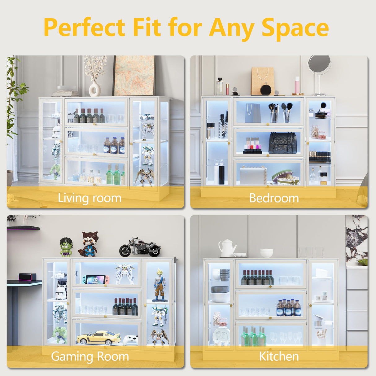 BONITURE Display Cabinet with Acrylic Glass Doors,Extra Wide Curio Cabinet with LED Lighting for Collectibles, Collectibles Toy Organizers Rack & Display Shelf Display Case, Antique White BONITURE