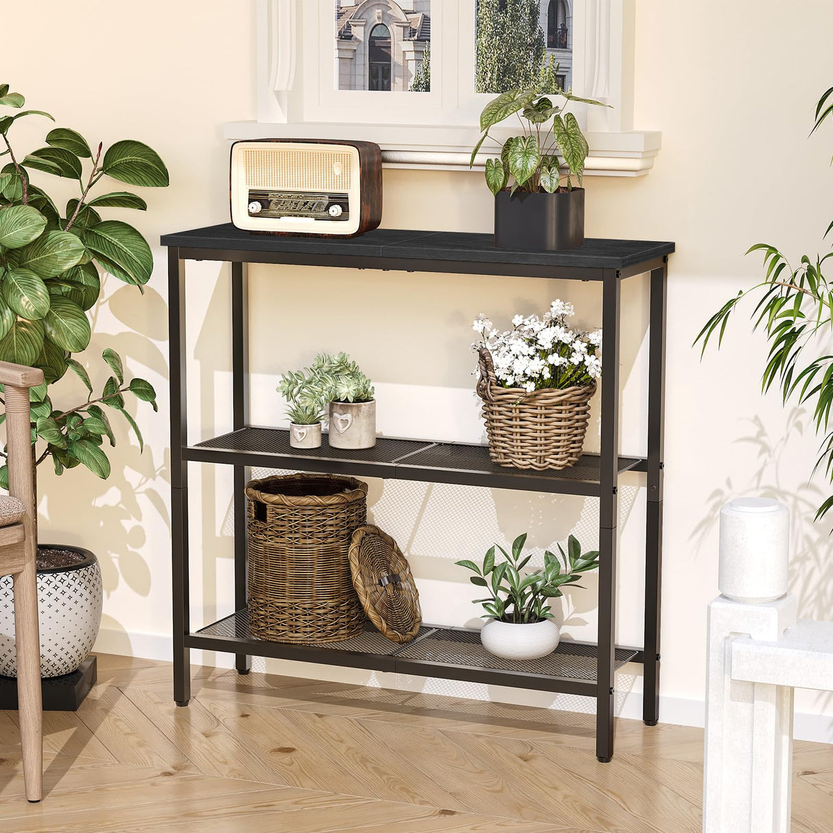 HOOBRO 29.5" Narrow Console Table, 3-Tier Entryway Table, Thin Sofa Table with Shelves, Side Table, Display Table, for Hallway, Entrance, Living Room, Bedroom, Black BB73XG01 HOOBRO
