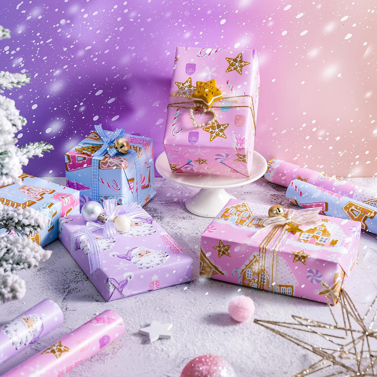 WRAPAHOLIC 30 Inch Christmas Wrapping Paper Roll - Jumbo Roll Pastel Pink Purple Gingerbread House and Santa Claus Design with Embossed - 4 Rolls - 30 Inch x 120 Inch Per Roll WRAPAHOLIC