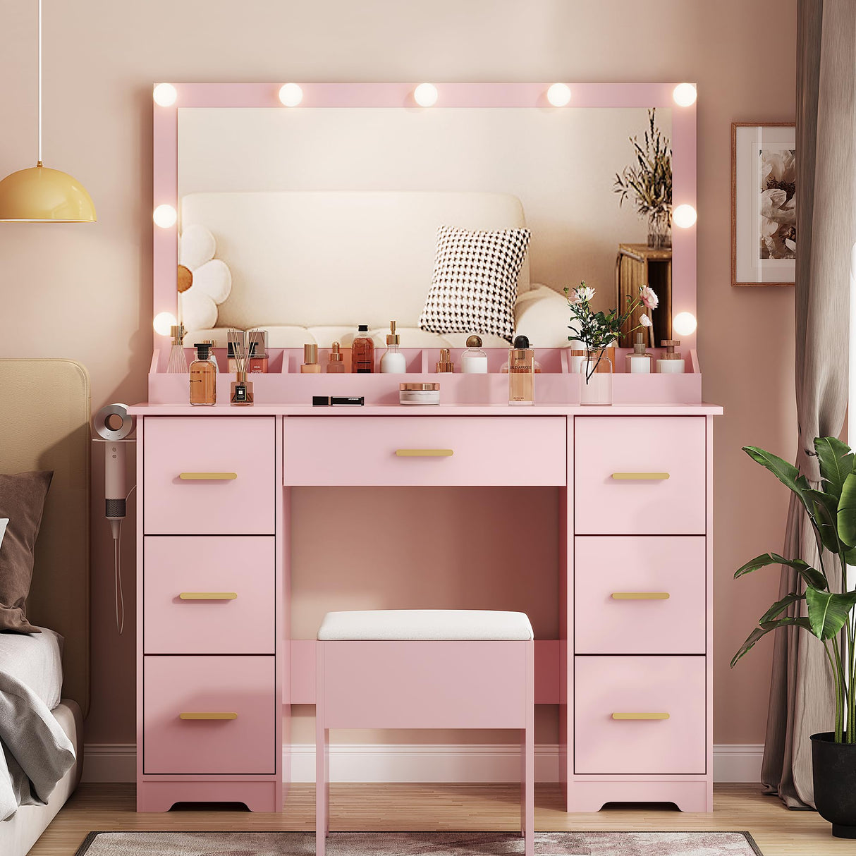 METOTI Vanity Desk with 38" Large Mirror and 9 LED Lights & Glass Top and Power Outlet, Adults Makeup Vanity with Chair and 7 Storage Drawers, Dressing Table Set for Bedroom, Modern Pink METOTI