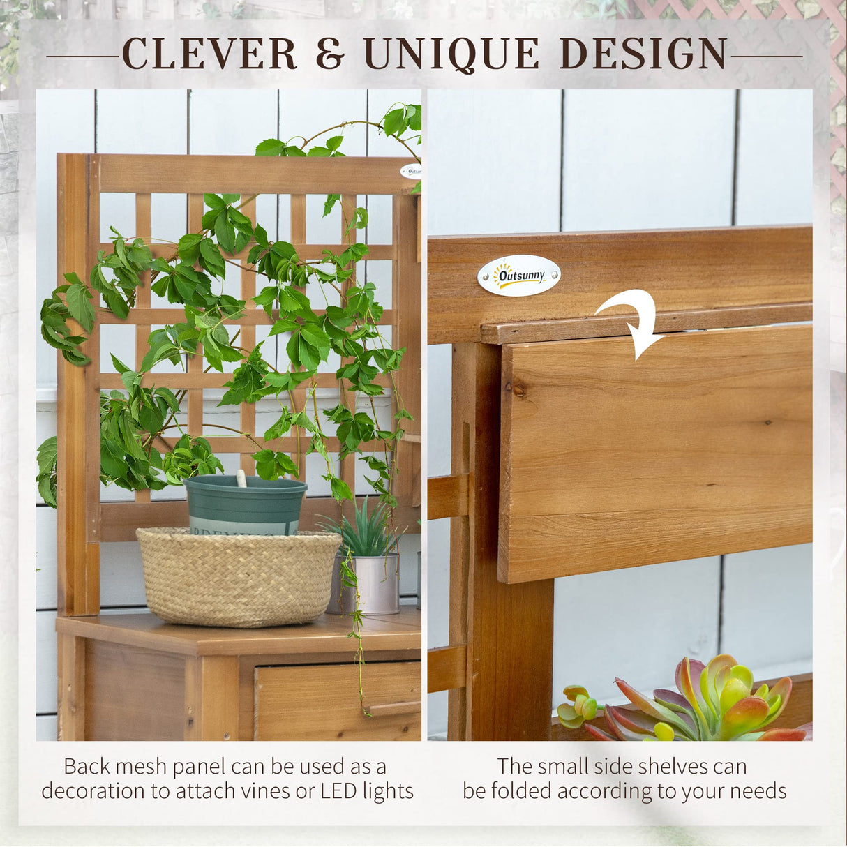 Outsunny Potting Bench Table, Garden Work Bench, Outdoor Wooden Workstation with Tiers of Shelves and Drawer for Patio, Courtyards, Balcony, Brown Outsunny