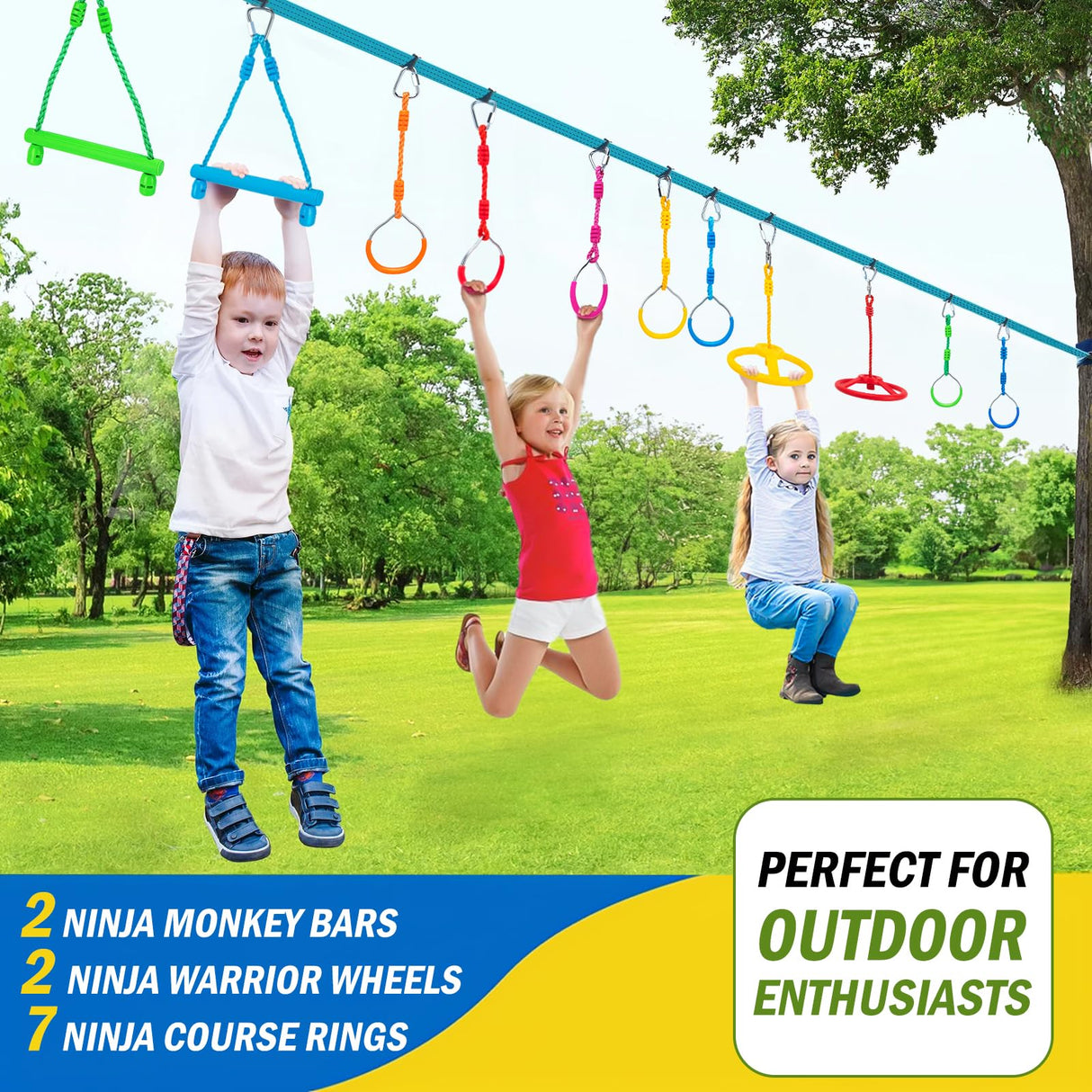 VECKYJL Ninja Obstacle Course Attachments - 7 Course Rings, 2 Monkey Bars, 2 Warrior Wheels, Outdoor Training Set VECKYJL