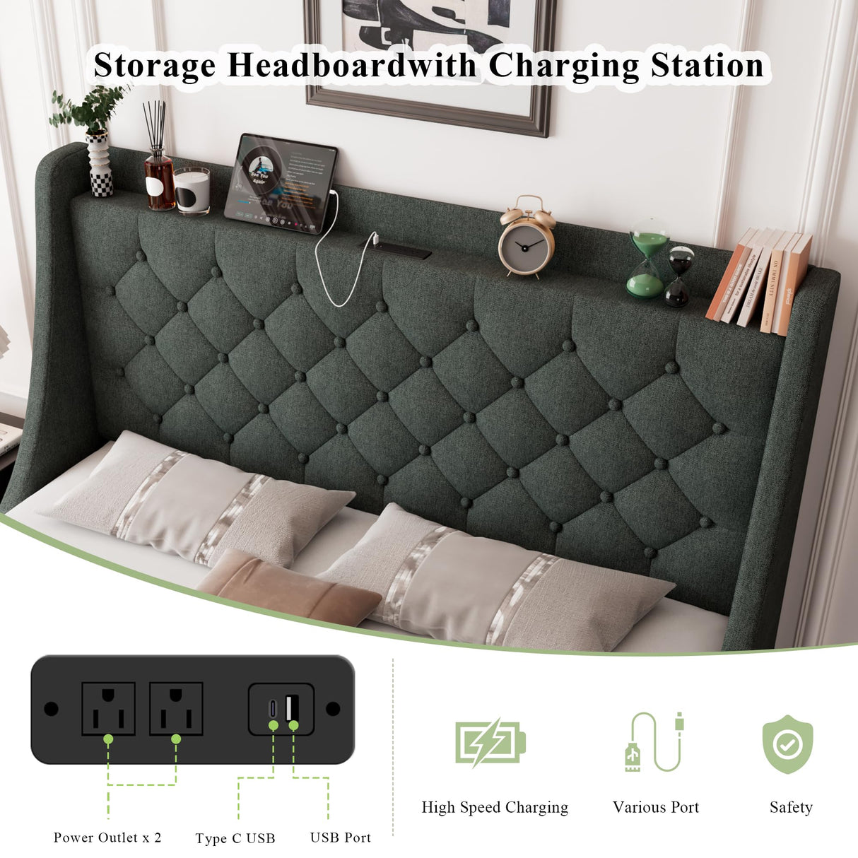 Feonase Upholstered Full Size Bed Frame with 4 Storage Drawers, Charging Station, Tufted Wingback Storage Headboard, No Box Spring Needed, Easy Assembly, Dark Grey Feonase