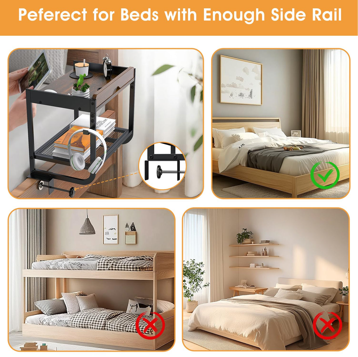 CAORE 2 Tier Bedside Shelf, Loft&Bunk Bed Table, Clip-On Nightstand for Small Spaces,College Dorm Essentials,Bunk Bed Shelf for Storing Water/Books/Tablets(Brown) CAORE