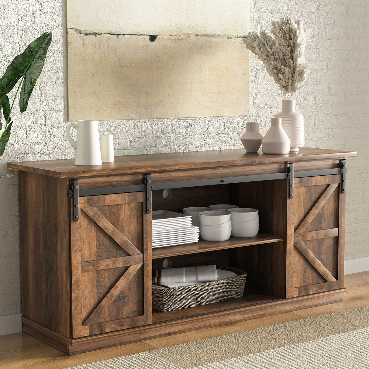 YESHOMY TV Stand for Televisions up to 65 Inchs, with Sliding Barn Doors and Storage Cabinets, Console Table and Media Furniture for Living Room, 58 Inch, Barnwood YESHOMY