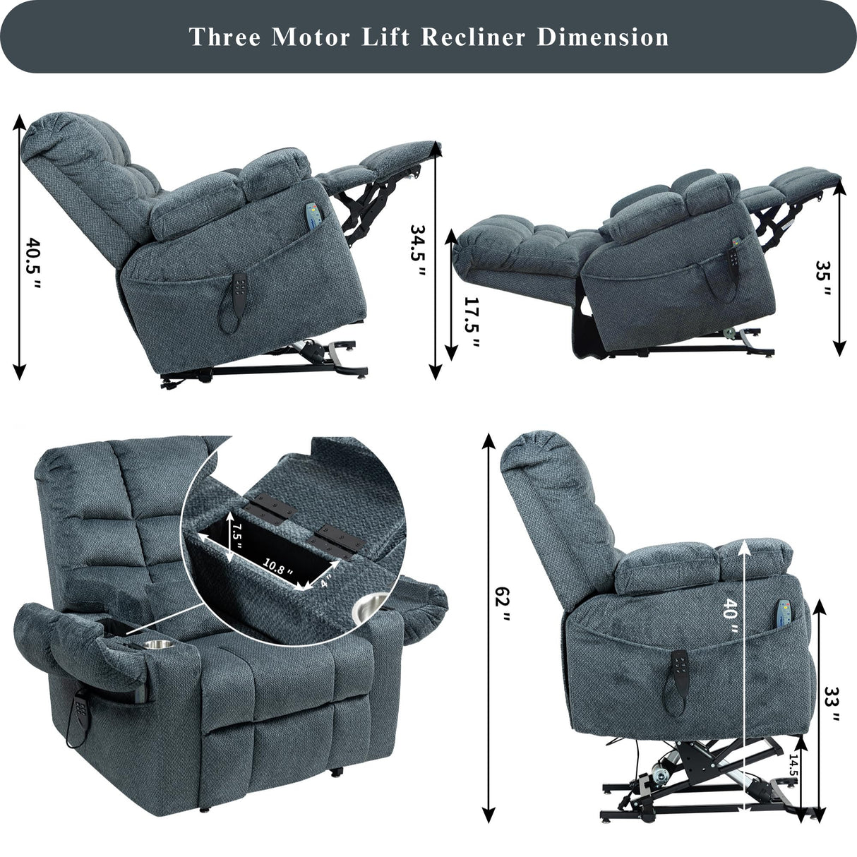 JUUXO 3-Motor Lift Chair with Adjustable Seat Height Zero Gravity Lay Flat Recliner with Heat Massage, Big Man Lift Recliners 400 lbs for Elderly Storage Cup Holders, Tall Man Recliner JUUXO