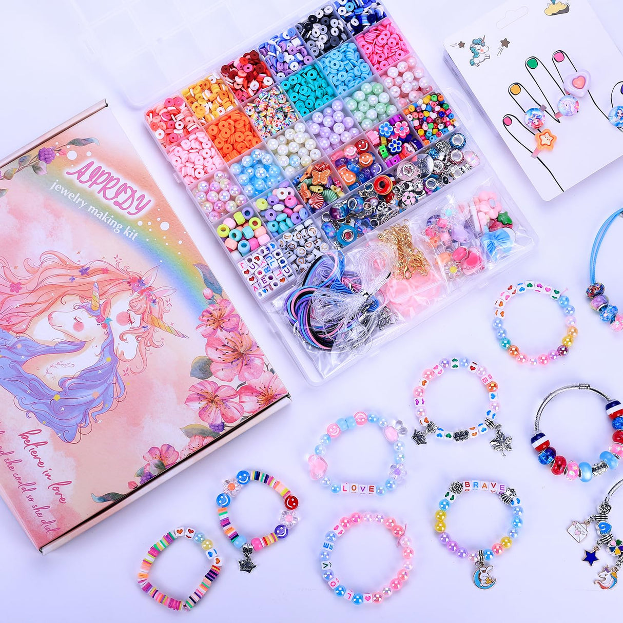 AIPRIDY 3200 Pcs Unicorn Jewelry Activity Kit,Clay Beads Bracelet Making Kit,Flat College Style Beading for Friendship Jewelry Making,Crystal Time Gem Ring Gifts,DIY Crafts for Teen Girls(Pink) AIPRIDY