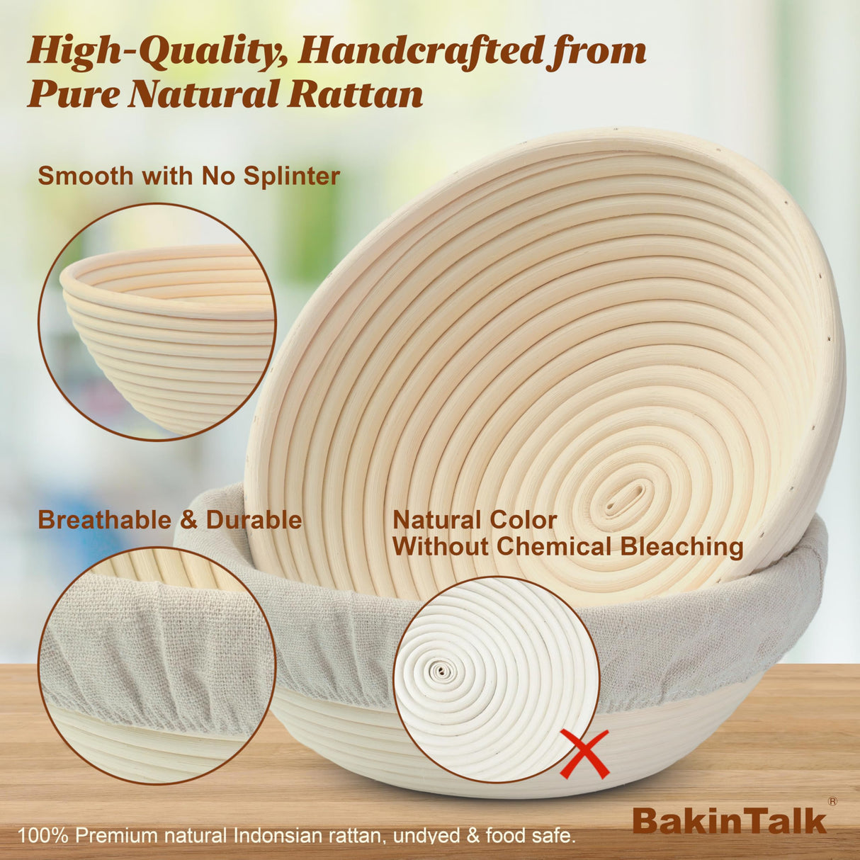 BakinTalk Banneton Bread Proofing Basket Set of 2, 9" Round Sourdough Banneton Baskets with Linen Liners, Premium Handmade Natural Indonesian Rattan, Bread Bowls for Rising and Baking BakinTalk