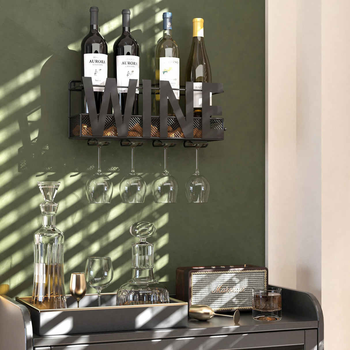 SODUKU Wall Mounted Metal Wine Rack - Wine Rack Wall Mount Wine Bottle Holder 4 Long Stem Glass Holder & Wine Cork Storage Wine SODUKU