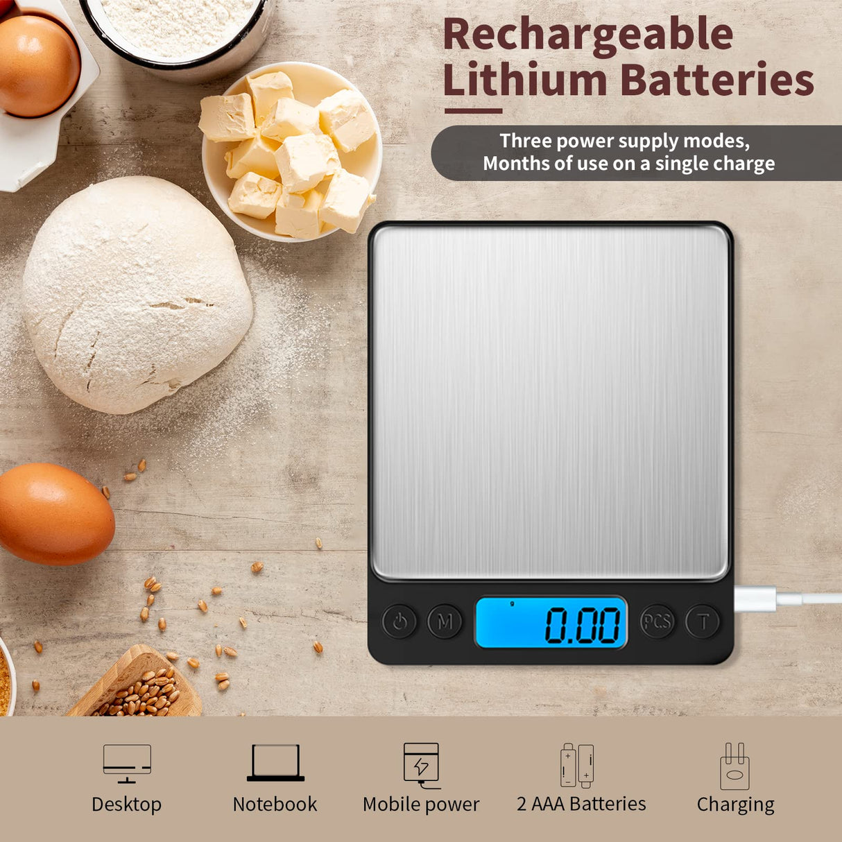 Small Digital Gram Scale 1000g by 0.01g, MEIYA High Accuracy Scale for Food Ounces and Grams, Upgrade USB Charging Kitchen Scale Digital Weight for Cooking, Baking, with Tare Function, 9 Units, 2 Tray MEIYA