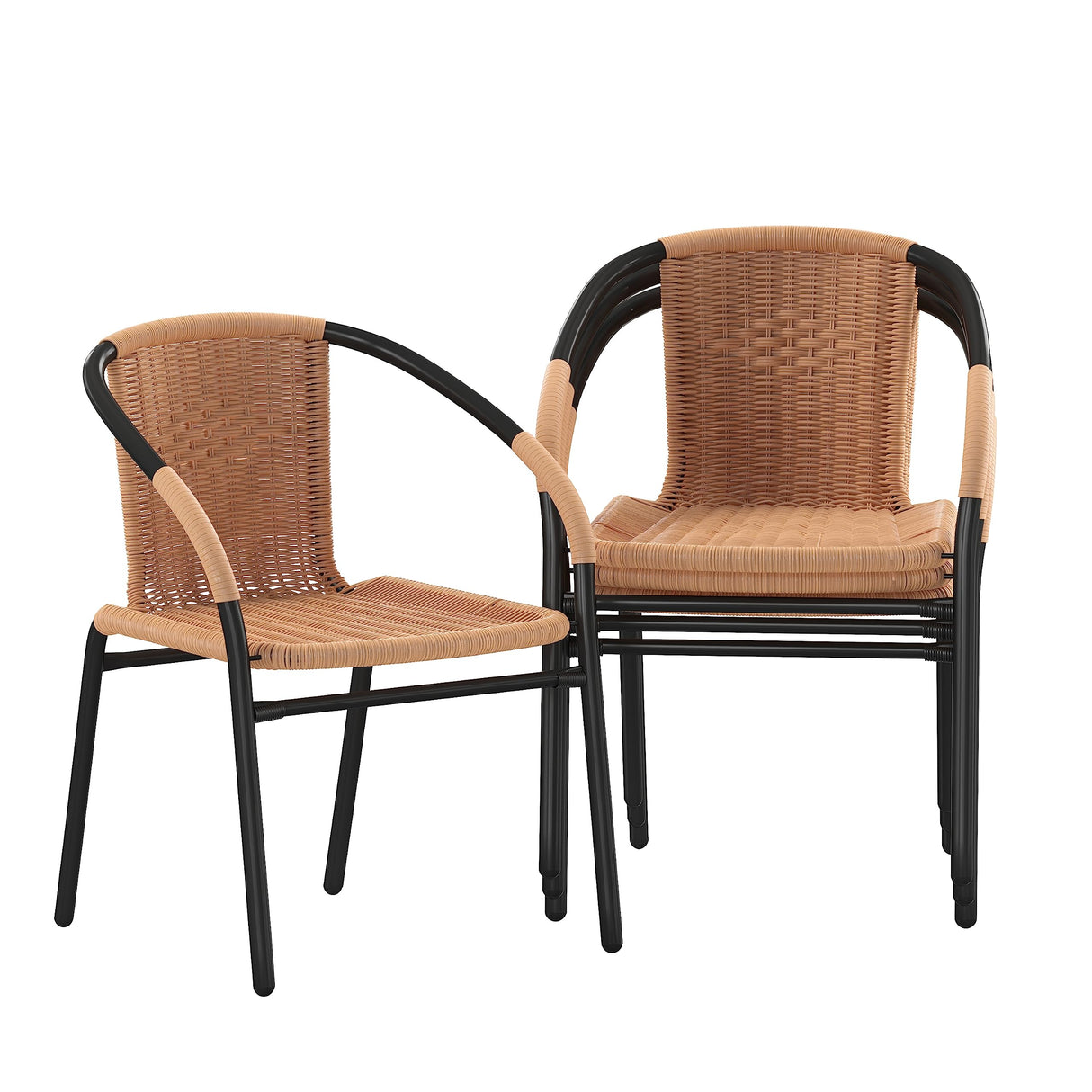 EMMA + OLIVER Set of 4 Modern Rattan Indoor/Outdoor Stack Chairs, Stacking Rattan Patio Chairs with Curved Back and Cross Bracing, Beige EMMA + OLIVER