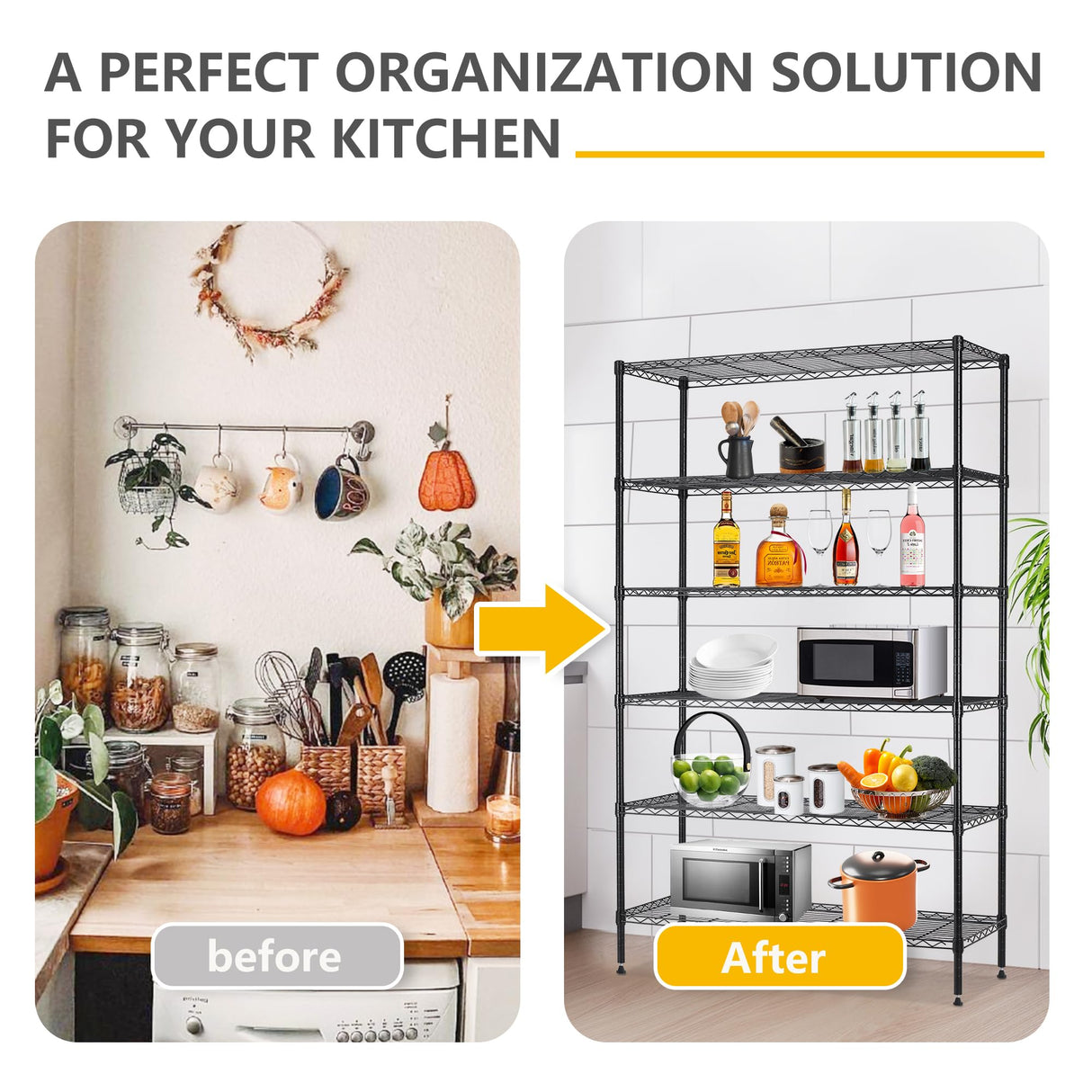 BestOffice | 6-Tier Wire Storage Shelves | 42x16x72 | Black | with Adjustable Racks | Heavy-Duty Metal Shelf, Holds Upto 1500 lbs | No-Tool Assembly | Ideal for Home & Garage Shelving BestOffice