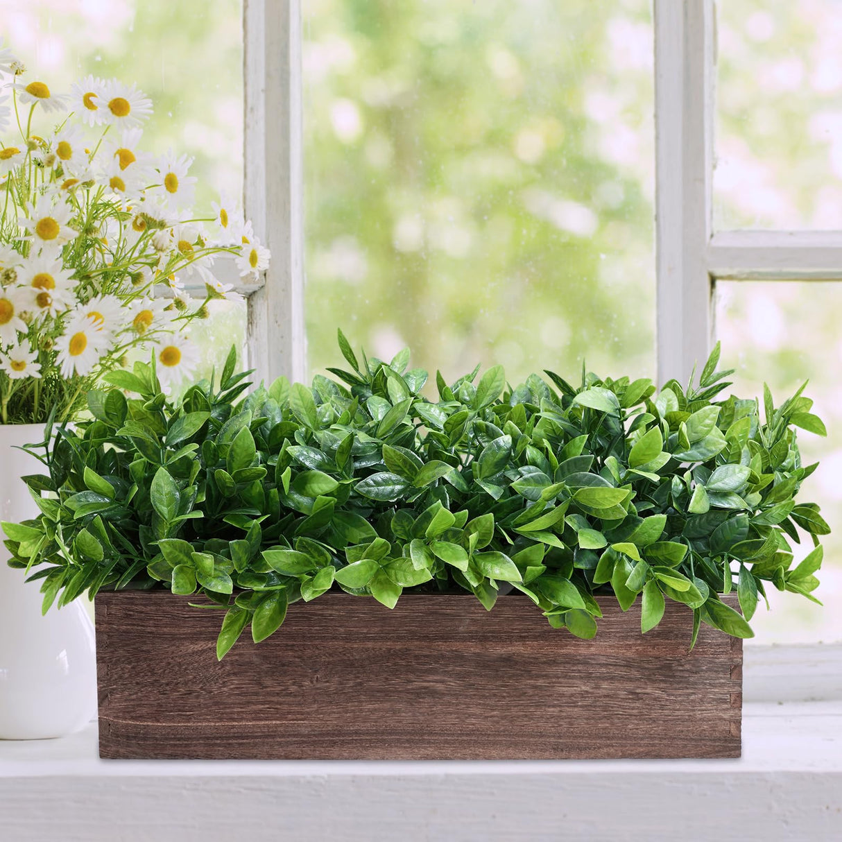 Winlyn 14" Artificial Boxwood Plants in Rectangular Wood Planter Farmhouse Greenery Arrangement Centerpiece Faux Potted Herb Plant for Wedding Dining Room Table Kitchen Windowsill Mantel Shelf Décor Winlyn