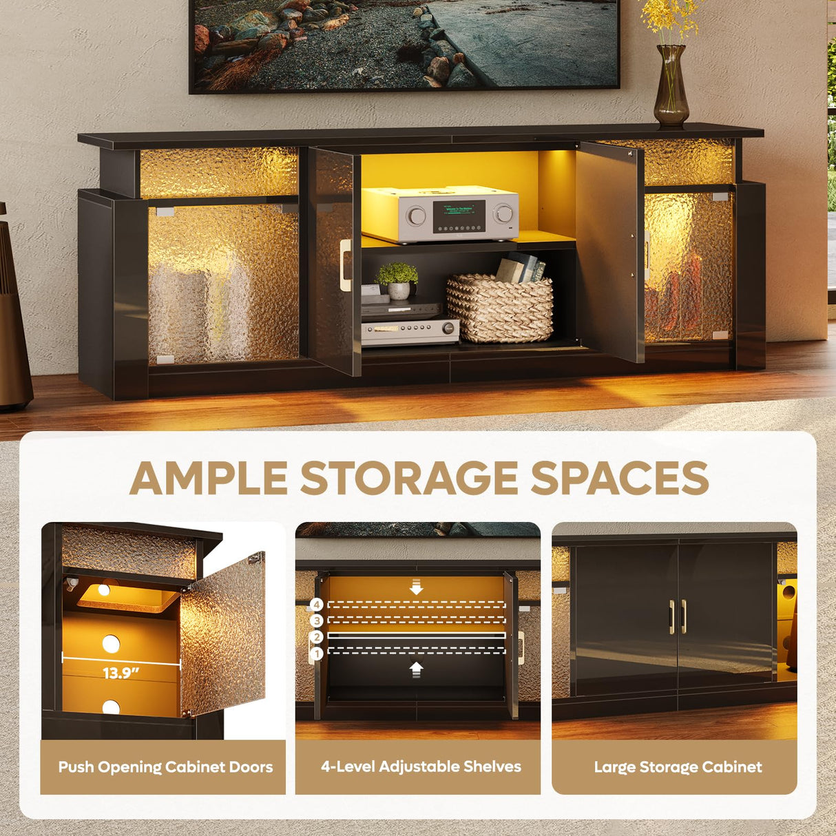 Bestier TV Stand for 55 65 inch TV, LED Entertainment Center with Storage Cabinets & Adjustable Shelves, Modern TV Console with Acrylic Door, TV Stands for Living Room Bedroom (Glossy Black) Bestier