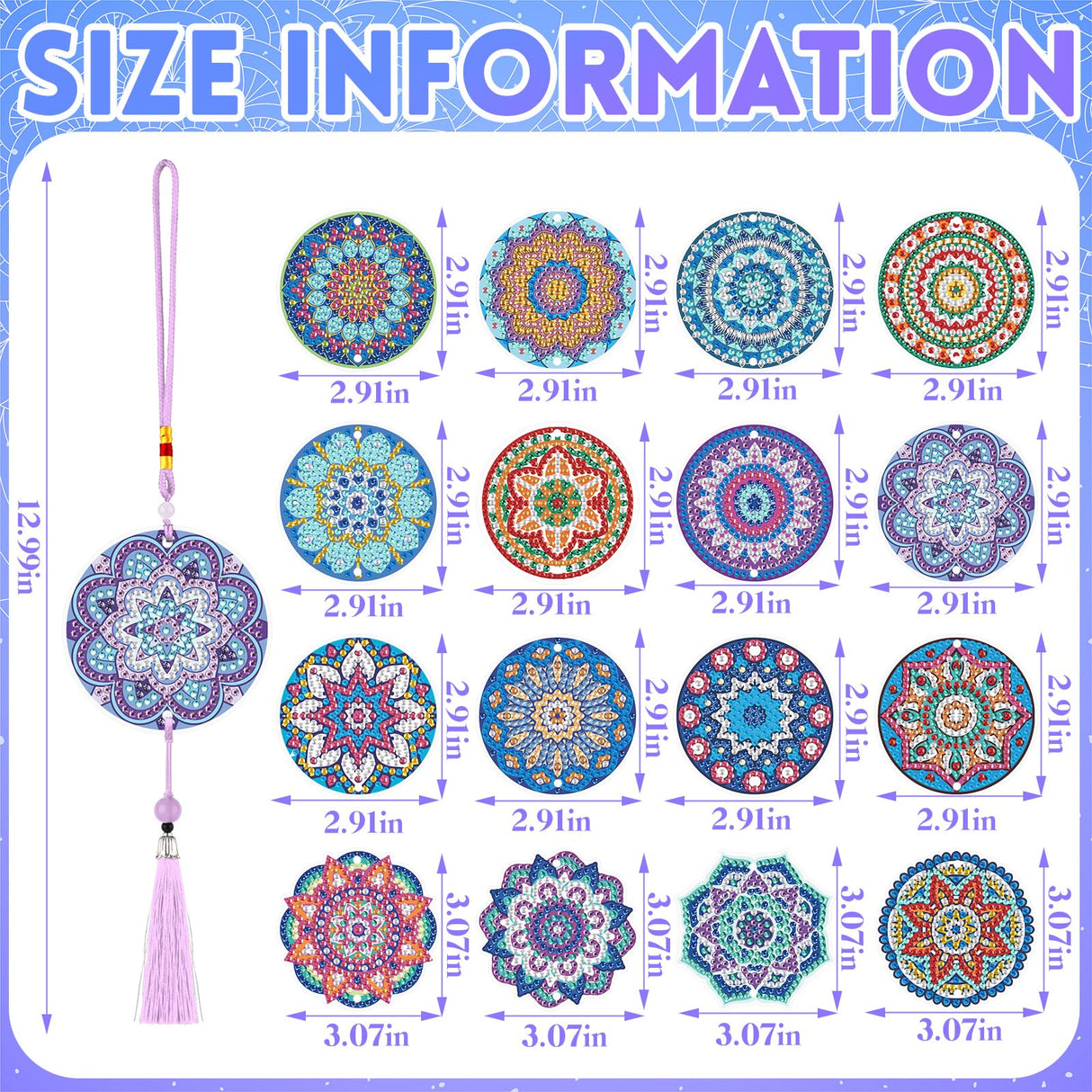 Saillong 16 Pcs Diamond Art Car Ornaments Mandala Diamond Painting Kit Ornament for Car Hanging Suncatchers Charm for Rear View Mirror Double Sided Painting Crystal Gem Garden Decoration Paint DIY Kit Saillong