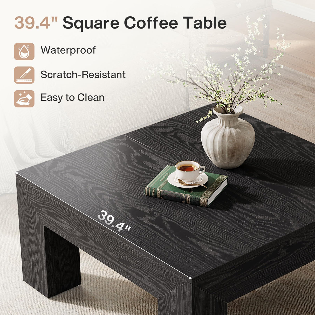 Tribesigns Farmhouse Square Coffee Table for Living Room, 39.37-Inch Low Large Center Tea Accent Table with Sturdy Legs, Easy Assembly (Black) Tribesigns