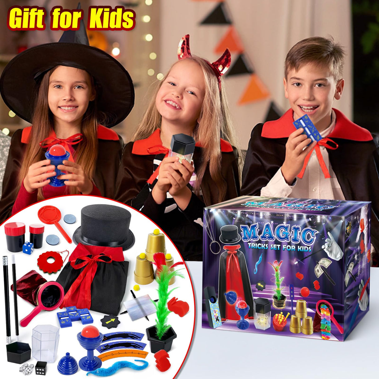 PATIFEED Kids Magic Kit, Magician Costume for Pretend Play, Magic Set with Instructions for Each Trick for Kids Ages 6 7 8 9 10 11 12 PATIFEED