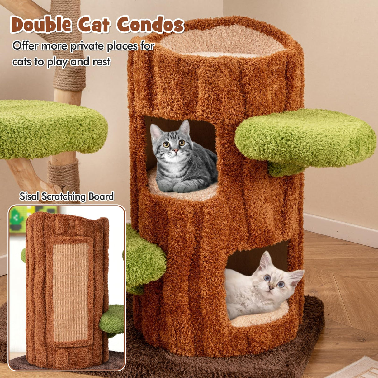 PETSITE 55 Inch Wood Cat Tree, Multi-Level Cat Tower with Double Decker Cat House, Scratching Posts and Sisal Board, Soft Padded Platforms, and Hanging Toy, Wooden Large Cat Tree Tower for Indoor Cats PETSITE