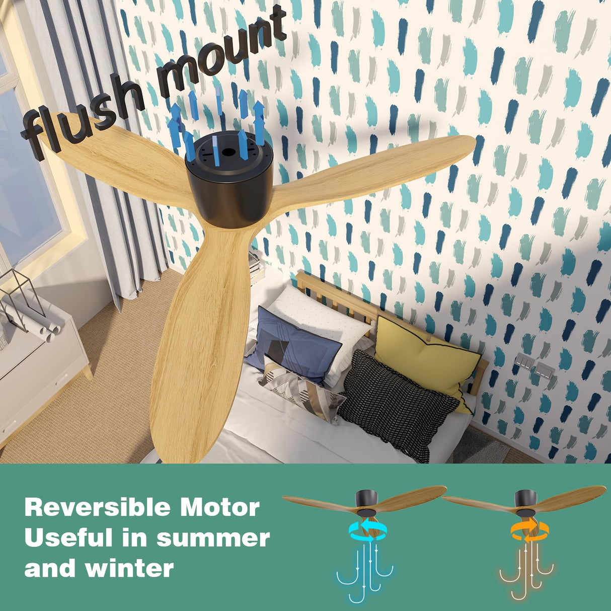 Flush Mount Ceiling Fan no light with Remote, 52 inch Low Profile Wood Ceiling Fan no light, Modern Ceiling Fan without light for Outdoor, Bedroom, Natural Wood and matte Black, DC Motor, 6 Speed OUATER