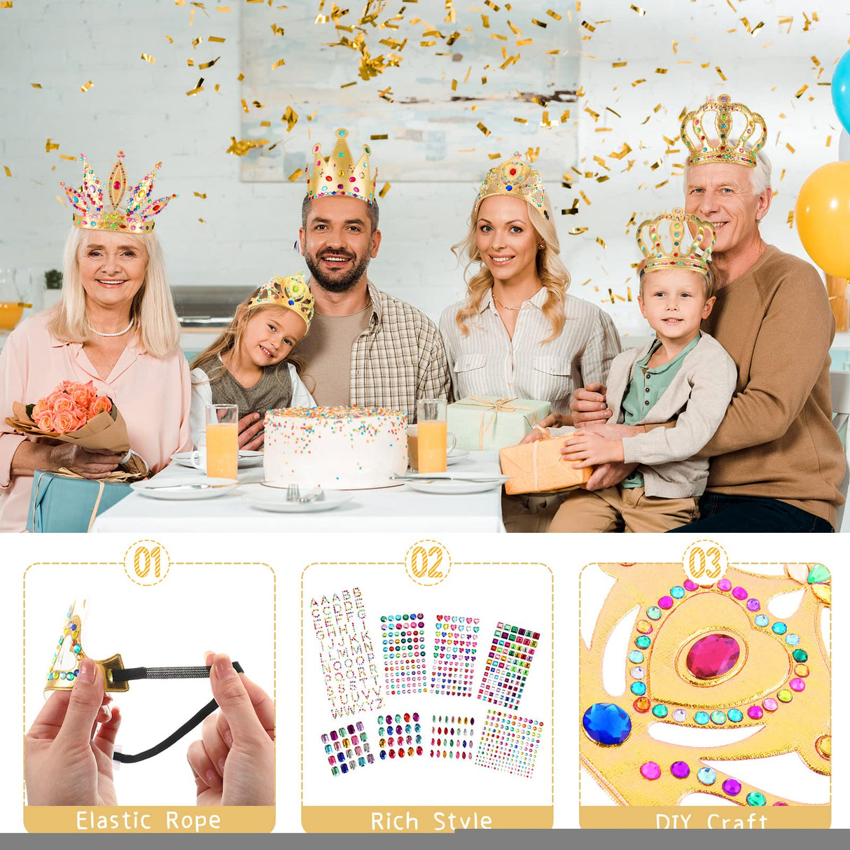 Civaner 17 Pcs Princess Party Crowns Set DIY Tiaras Making Kit for Kids with Diamond Stickers, Party Favors and Supplies(Gold) Civaner