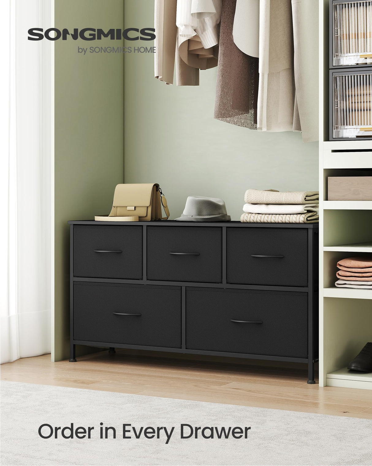SONGMICS Dresser for Bedroom, Chest of Drawers, Steel, MDF, 5 Non-Woven Fabric Drawers, Storage Organizer Unit, Closet, Entryway, Ink Black and Ebony Black ULGS322B01S SONGMICS