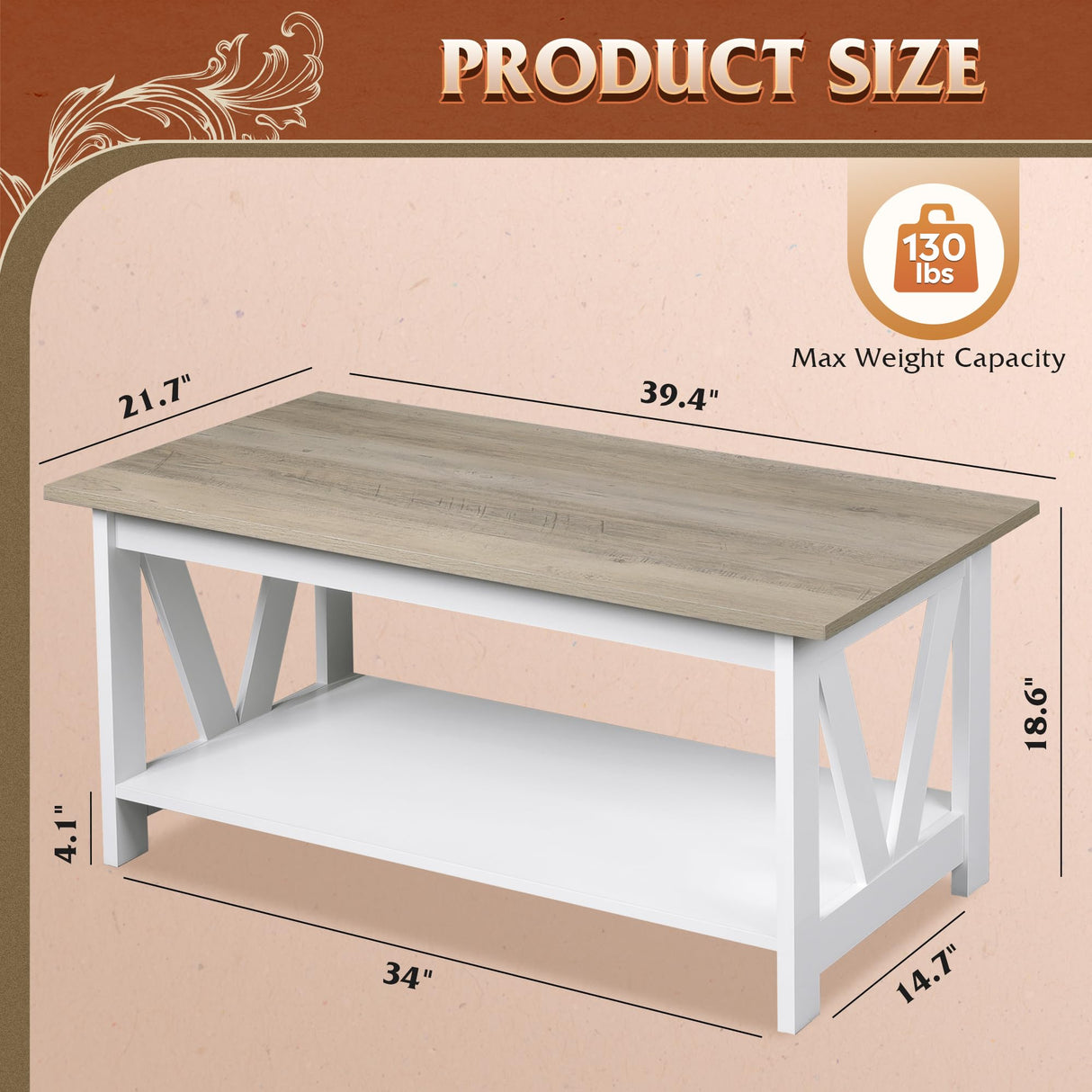 WLIVE Coffee Table with Storage Shelf, 39.4" Farmhouse Coffee Table with V-Frame Support, 2-Tier Wood Rustic Center Table for Living Room, Bedroom & Balcony, Greige & White WLIVE